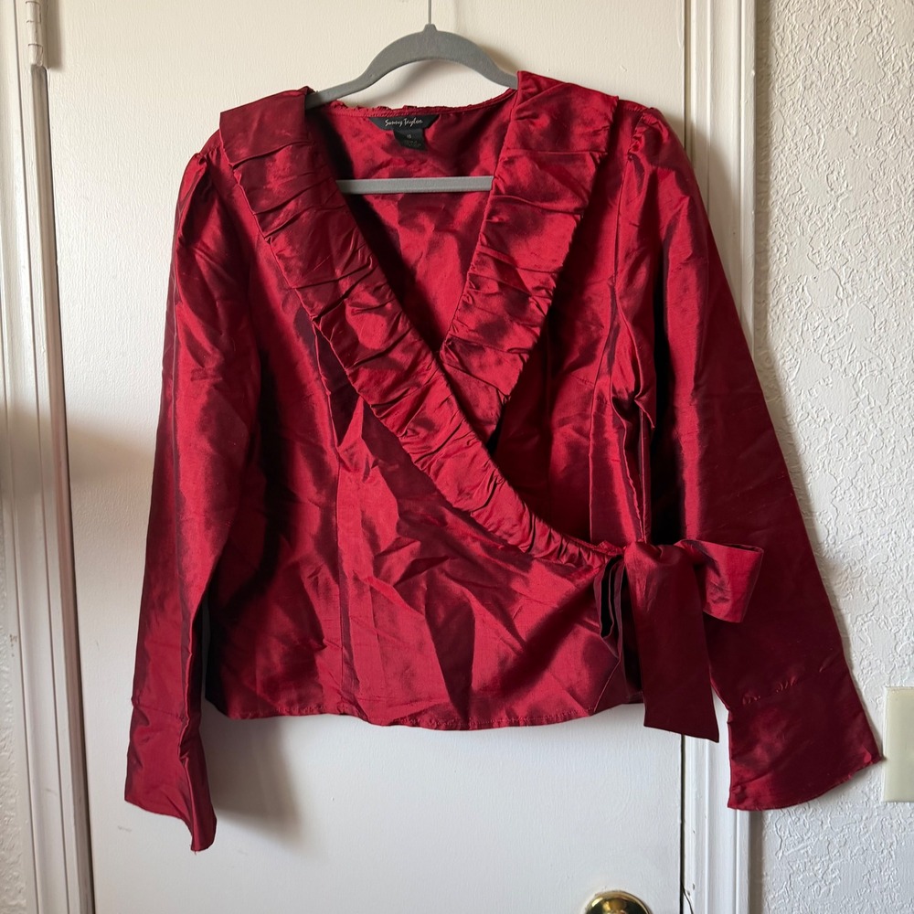 Sunny Taylor Red 100% Raw Silk Ruffle Wrap Blouse Top Size 16